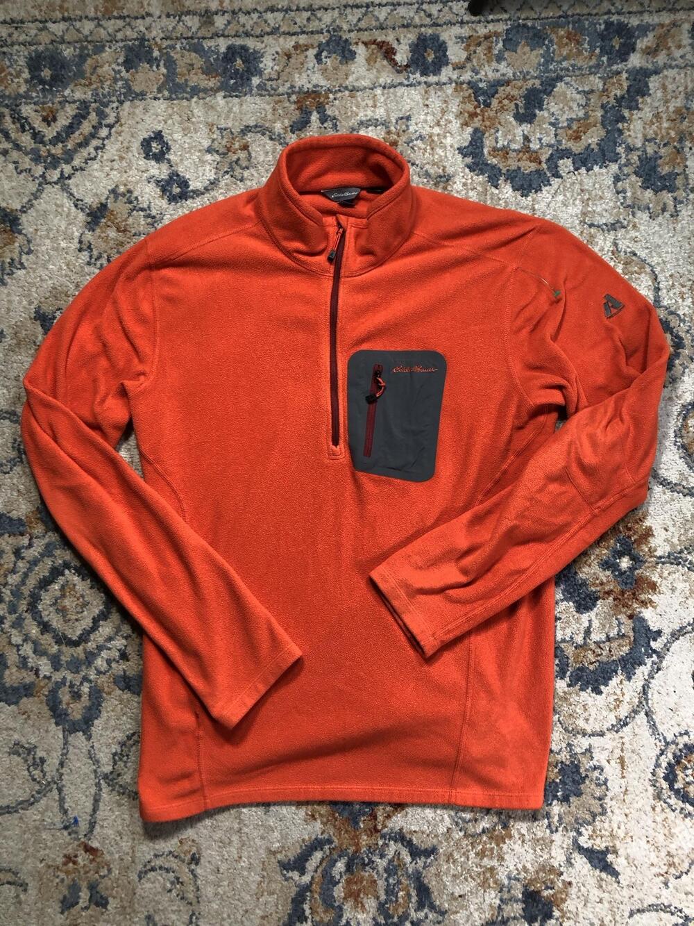 Eddie Bauer Pullover Mens LT Orange Polartec Fleece 1/4 Zip Long Sleeve Pocket